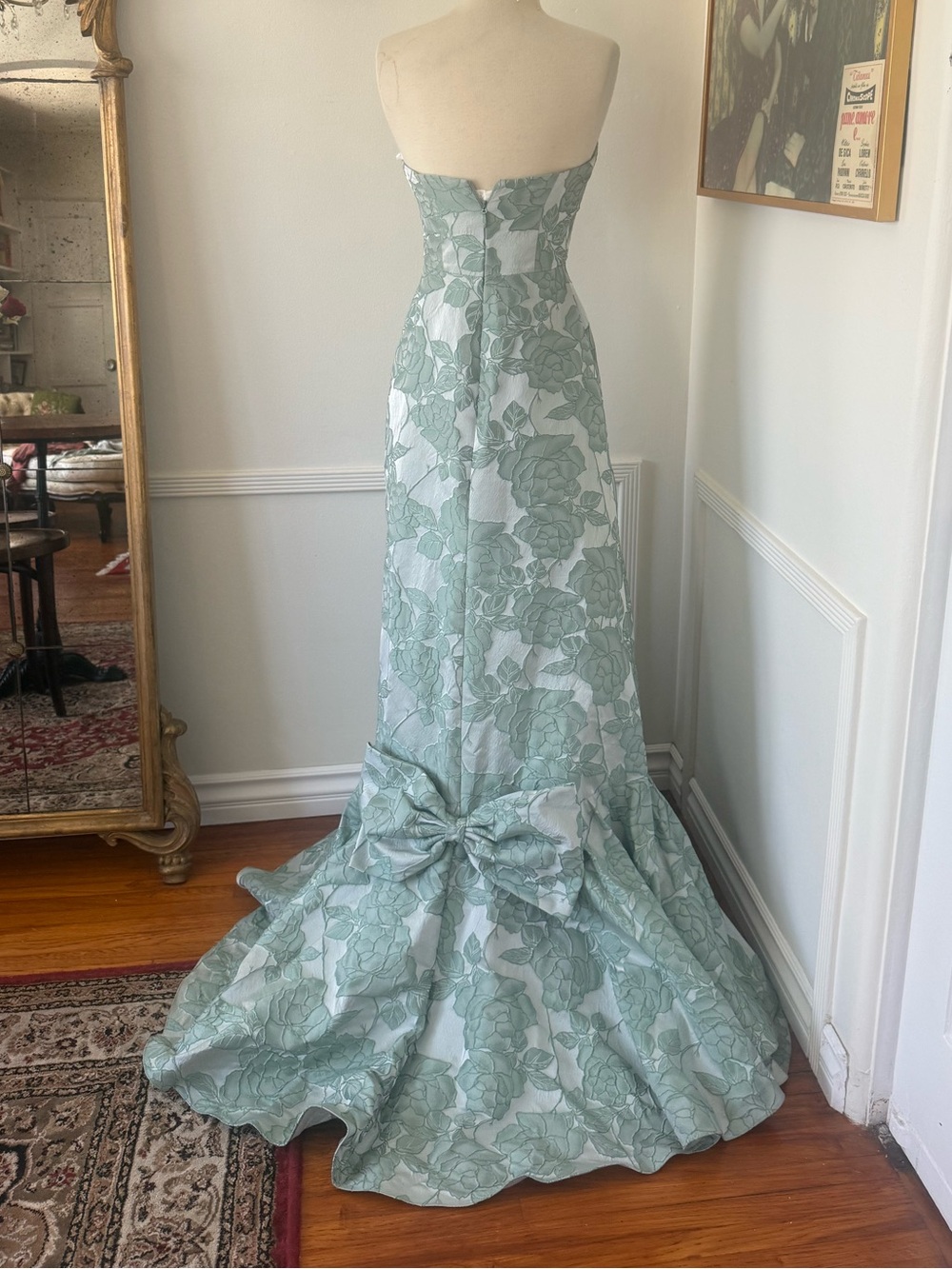 Azazie Blue Floral Jacquard Strapless Gown